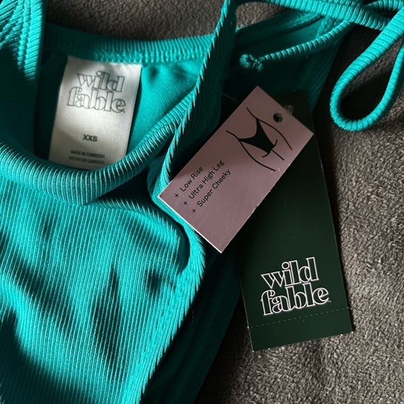 NWT Wild Fable XL / XXS Ribbed Teal Halter Triangle Bikini SET Side Tie Cheeky - Picture 9 of 13